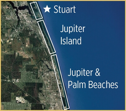Map showing Stuart, Jupiter Island, and Palm Beaches